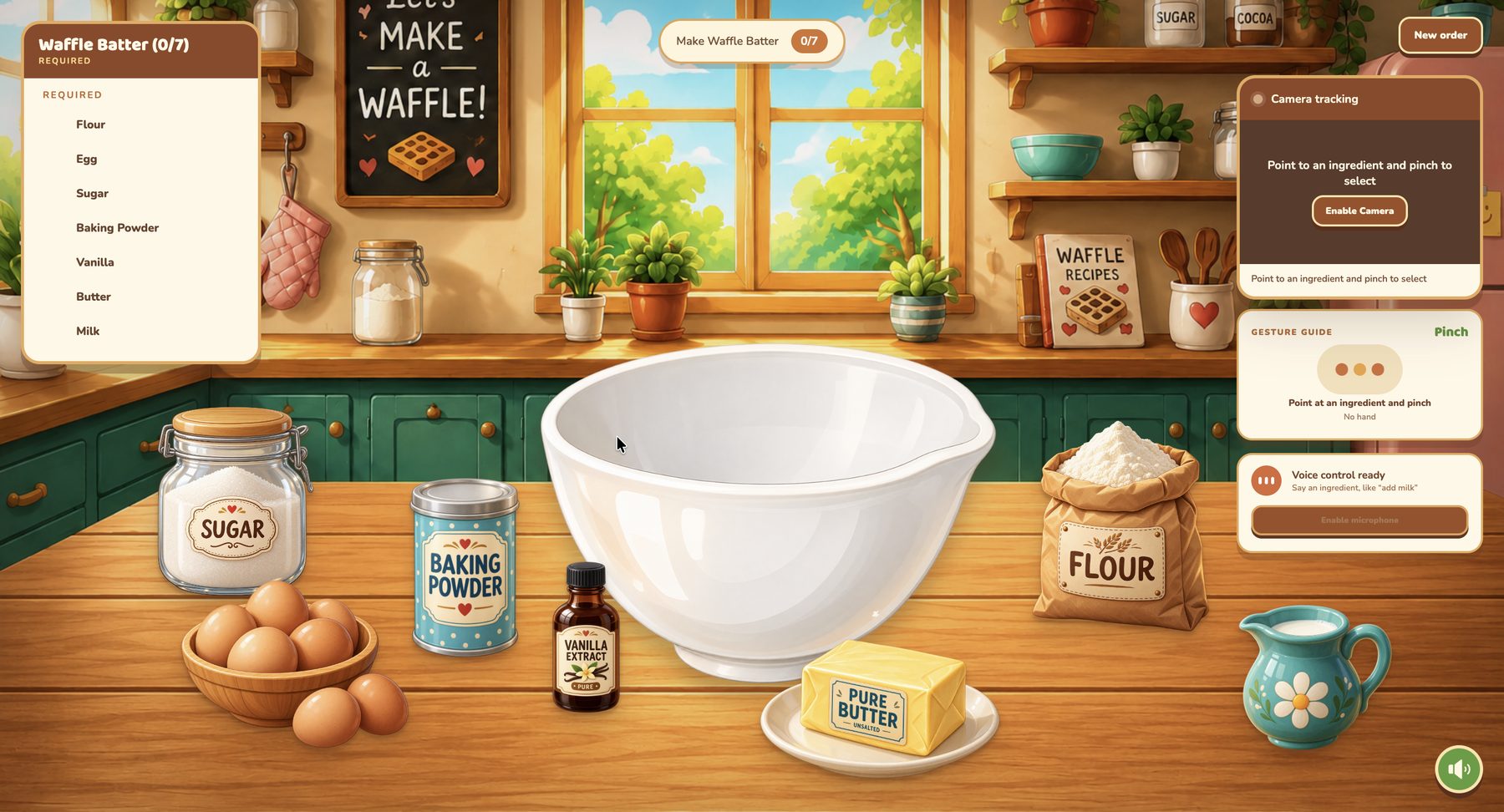 The Waffle kitchen: an illustrated counter with sugar, eggs, baking powder, vanilla, butter, flour and milk around a mixing bowl. A checklist on the left tracks Waffle Batter 0 of 7; panels on the right show camera tracking, a pinch gesture guide and voice control.