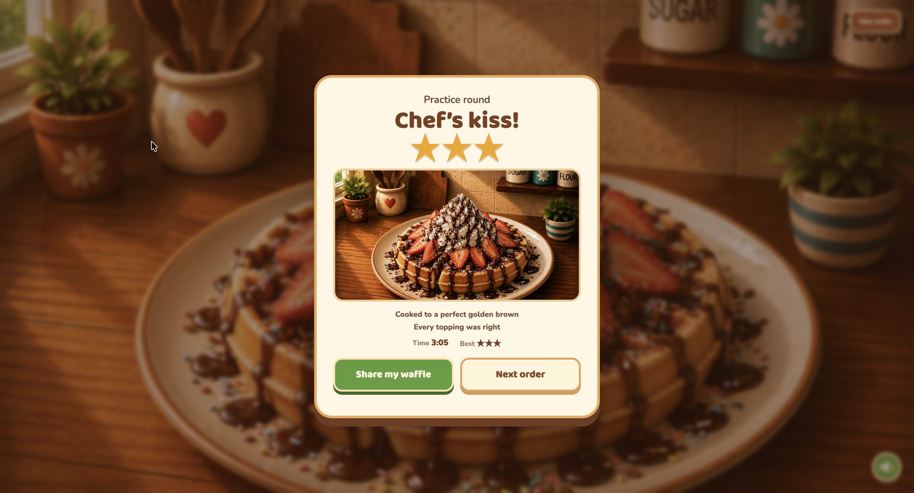 A result card reading Practice round, Chef's kiss, with three gold stars and a photo of a strawberry, cream and chocolate waffle. Cooked to a perfect golden brown; every topping was right. Time 3:05. Buttons: Share my waffle and Next order.
